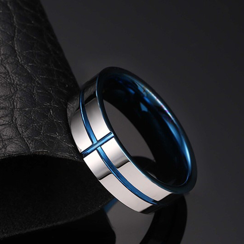 6MM Width Mens Tungsten Carbide Blue Inside Two-Tone Cross Wedding Band Ring