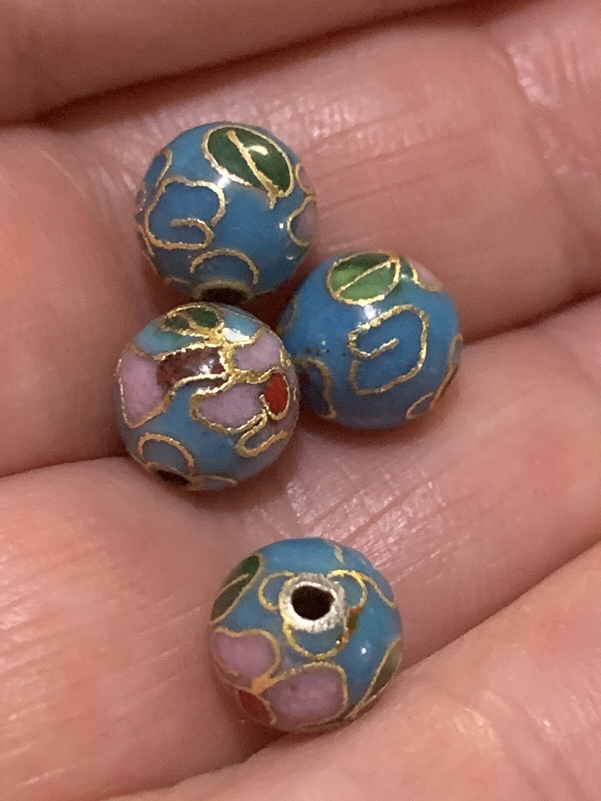 4x Lot Cloisonne Chinese Enamel Beads Vintage Blue w/ Flowers Leaves Round 8mm