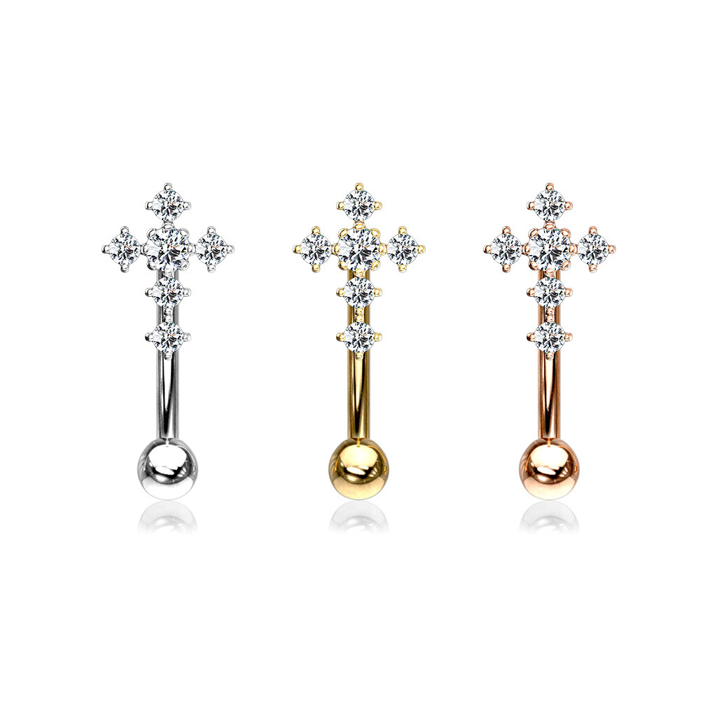 CZ Paved Cross Top Curved Barbell Eyebrow Ring Rook Daith Snug Piercing 16G