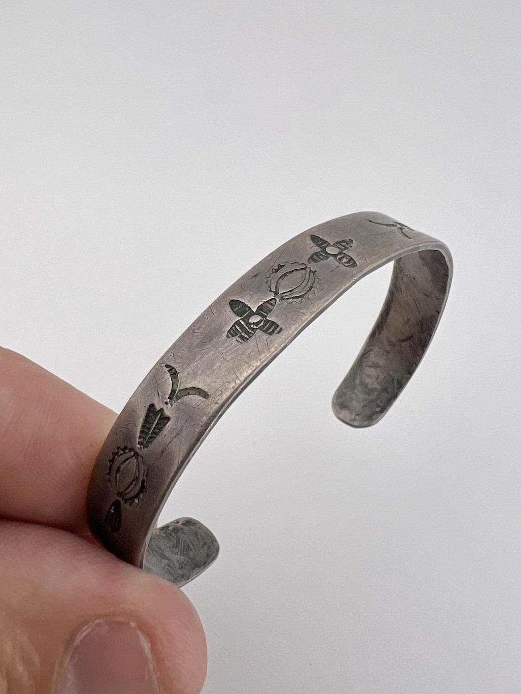 OLD Pawn 1930’s Fred Harvey Navajo Coin Silver Hand Stamped Cuff Bracelet