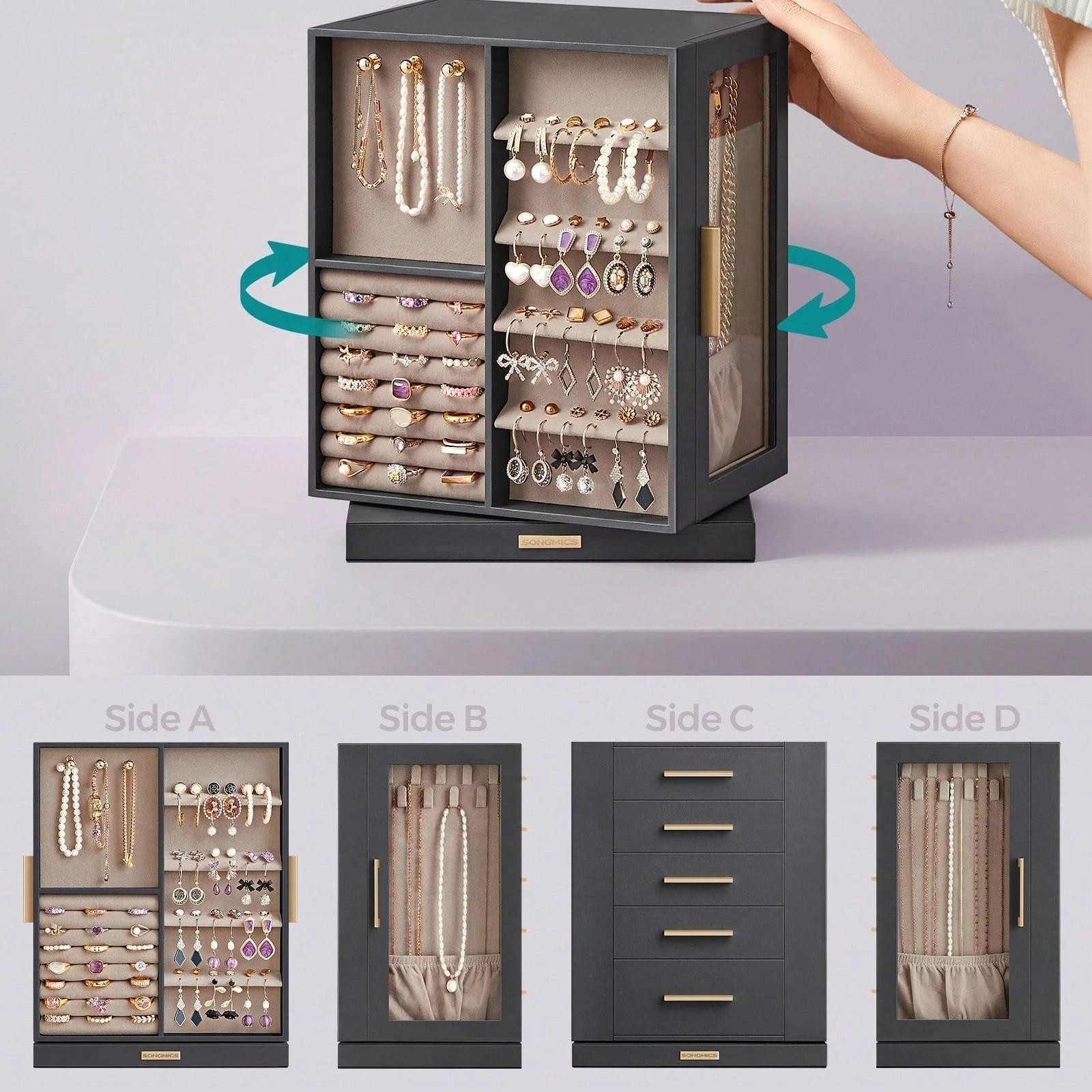 360 Rotating Jewelry Box 5 Drawer Organizer Velvet Storage Case Gift