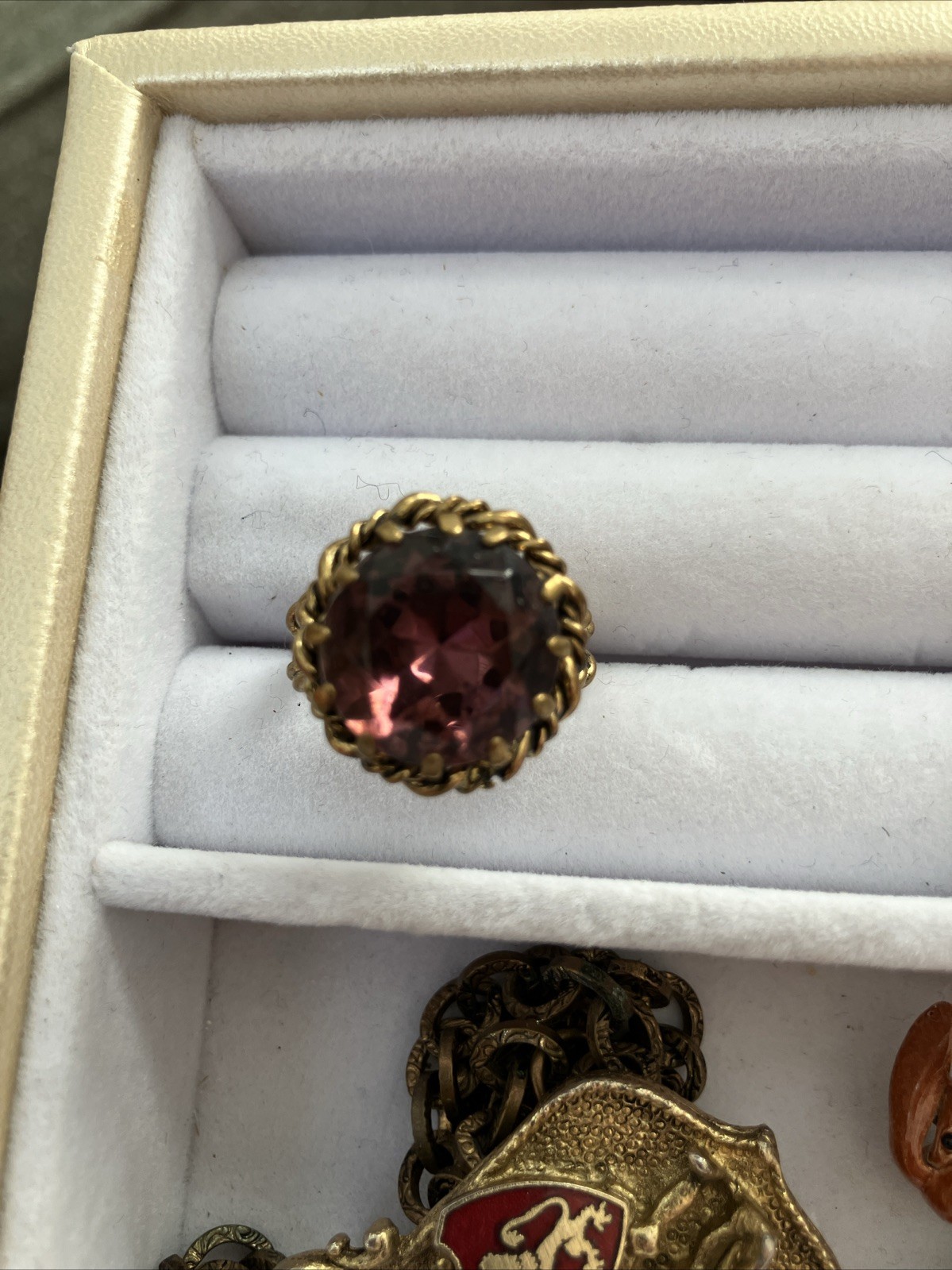 VINTAGE Germany stamped Brass Twisted Rope Amethyst Glass Adjustable Estate