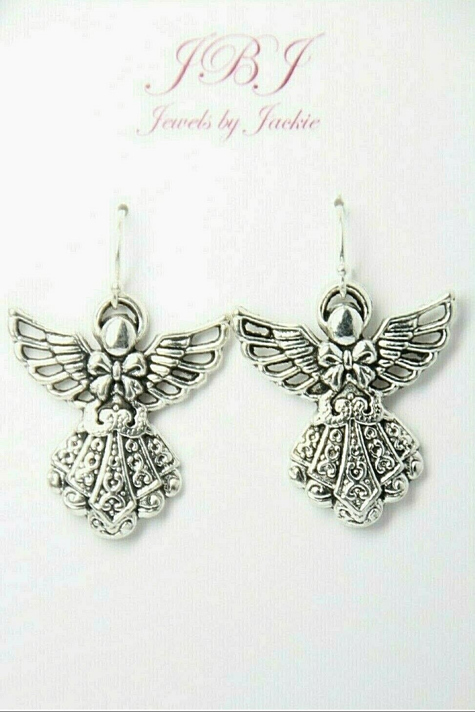Angel Charm Earrings 925 Sterling Silver Hooks Pewter Pendants 1 1/4″ Angels