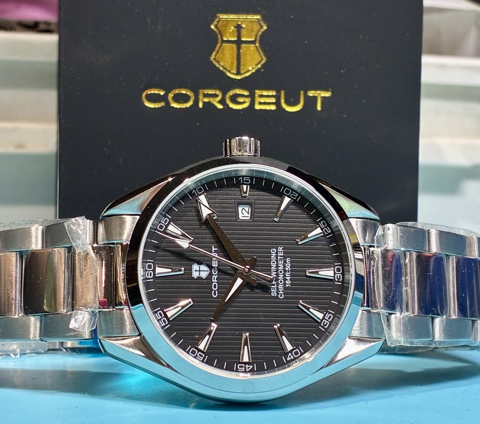 CORGEUT AUTOMATIC SAPPHIRE 41MM BLACK TEAKED DIAL OCEANMASTER STAINLESS STEEL