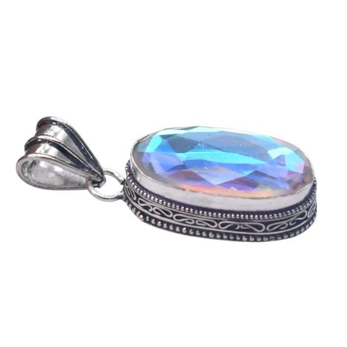 Mystic Topaz Hydro Gemstone Antique Silver Plated Pendant 3″ J 2058