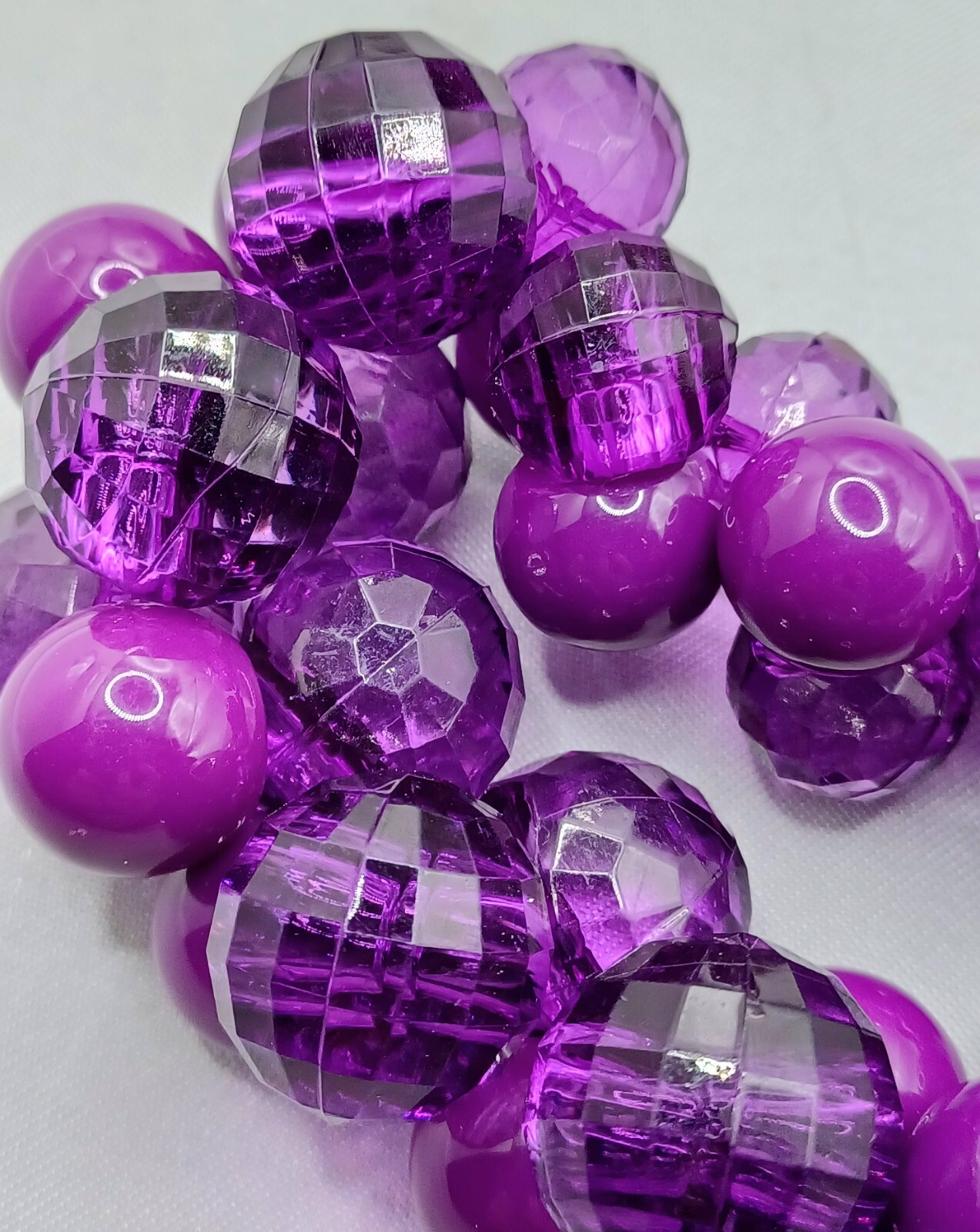 Purple Bauble Necklace Checkerboard Clear Facet and Opaque Smooth Beads 18-20″