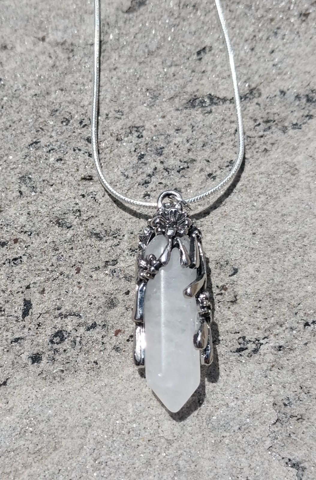 White Amethyst Flower Wrapped Pendant With 24″ Sterling Chain
