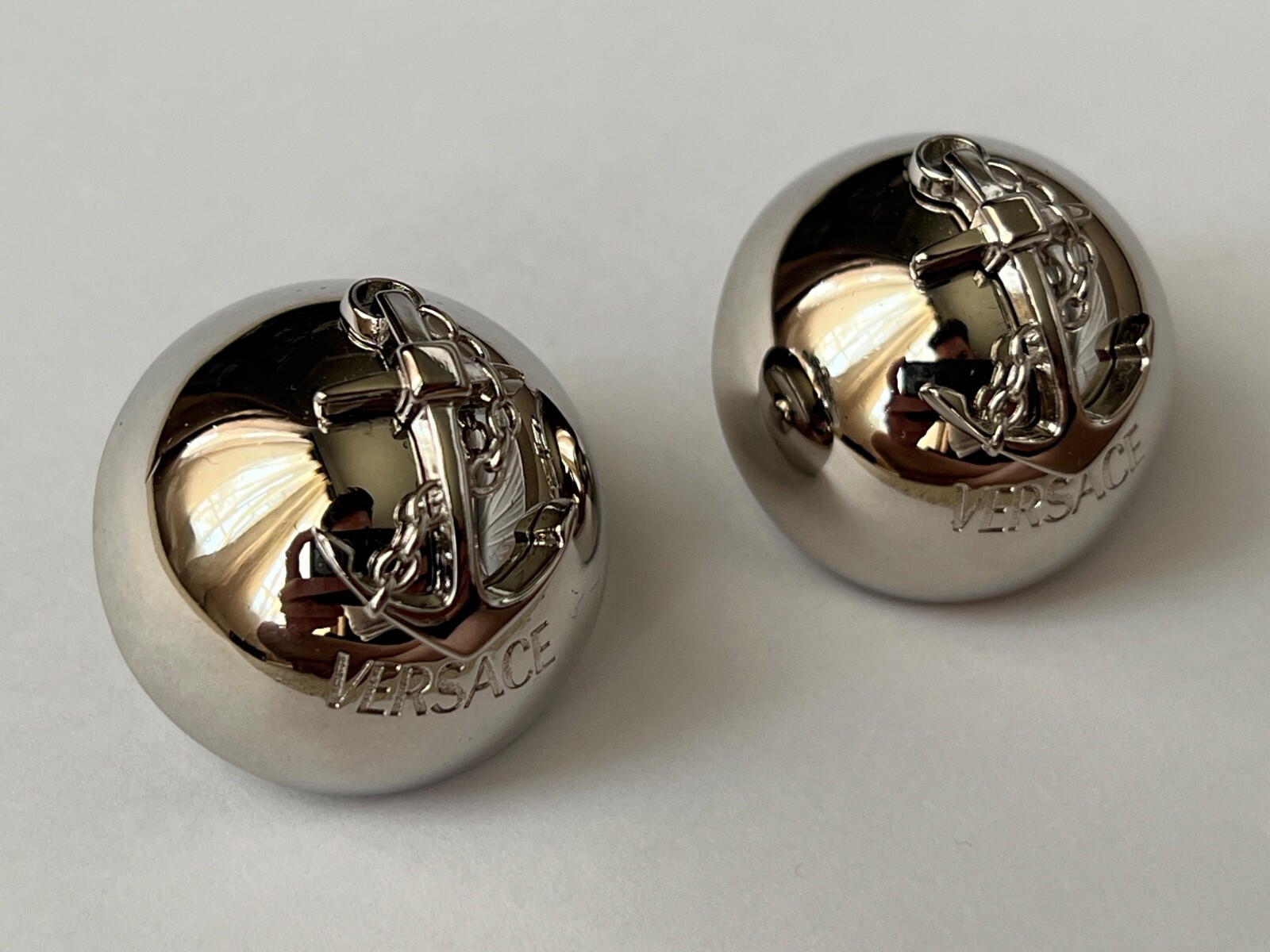 NIB Versace Nautical Anchor Logo Large Silver Sphere Round Ball Earrings $975