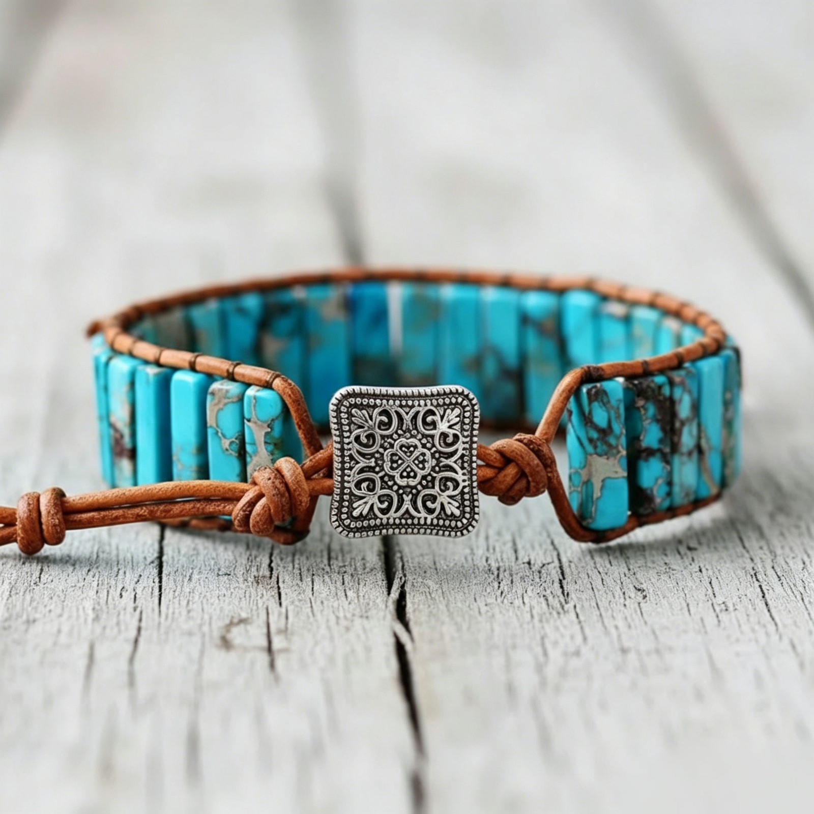 Natural Turquoise Tube Stone Bracelet Leather Braided Healing Reiki Gifts 6.7 in