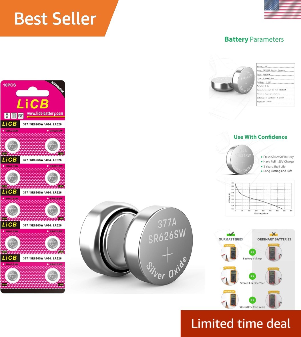 High Capacity 377 Watch Battery – 10 Pack 1.55V Button Cells with Blister Pack