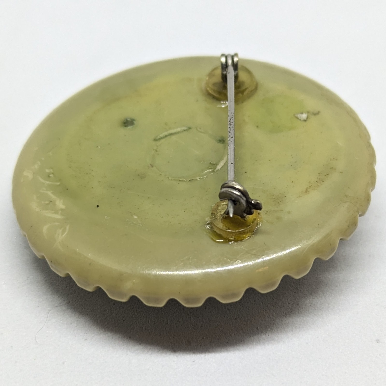vintage celluloid Plastic Brooch brooch Cameo Cream Olive Green Rhinestones