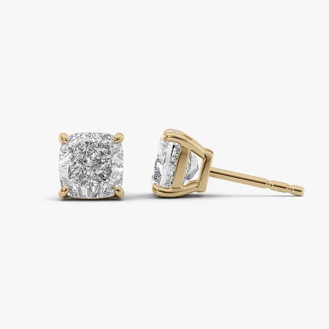 2CT Cushion Cut White Moissanite Women’s Stud Earrings 14K Yellow Gold Plated