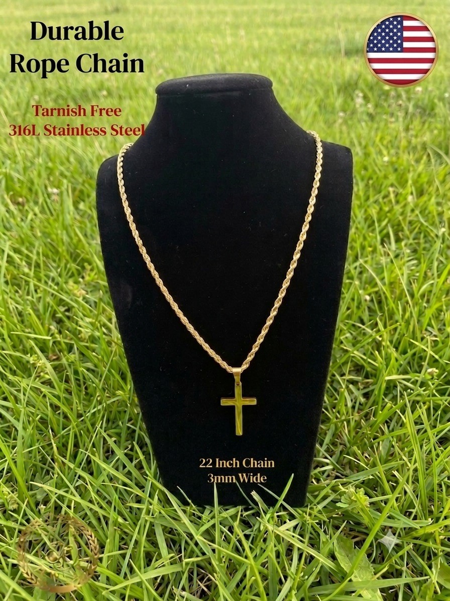 20 Inch Stainless Steel 3mm Rope Cross Pendant Chain