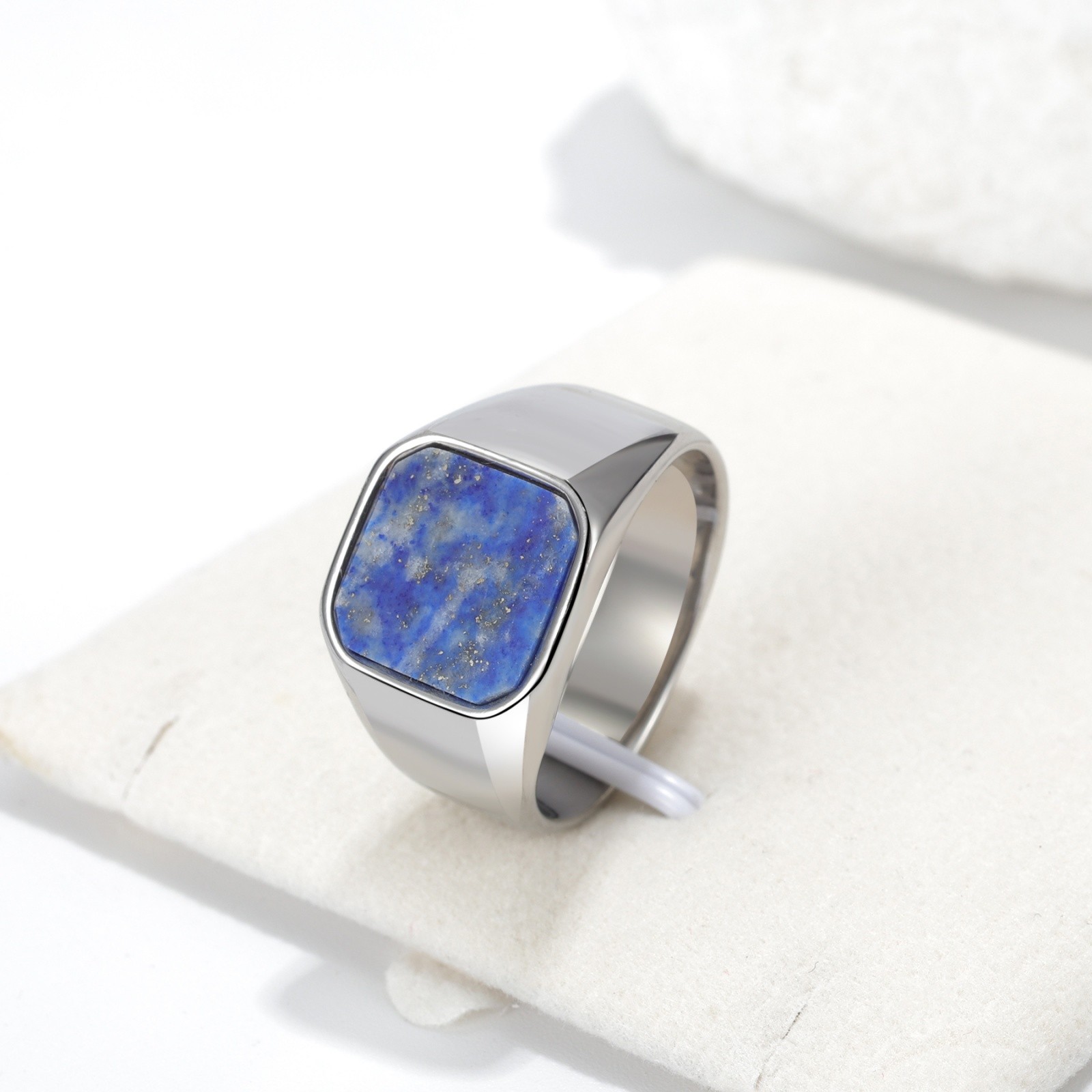 Mens Simple Lapis Lazuli Signet Ring Stainless Steel Fade-Resistant Band Jewelry