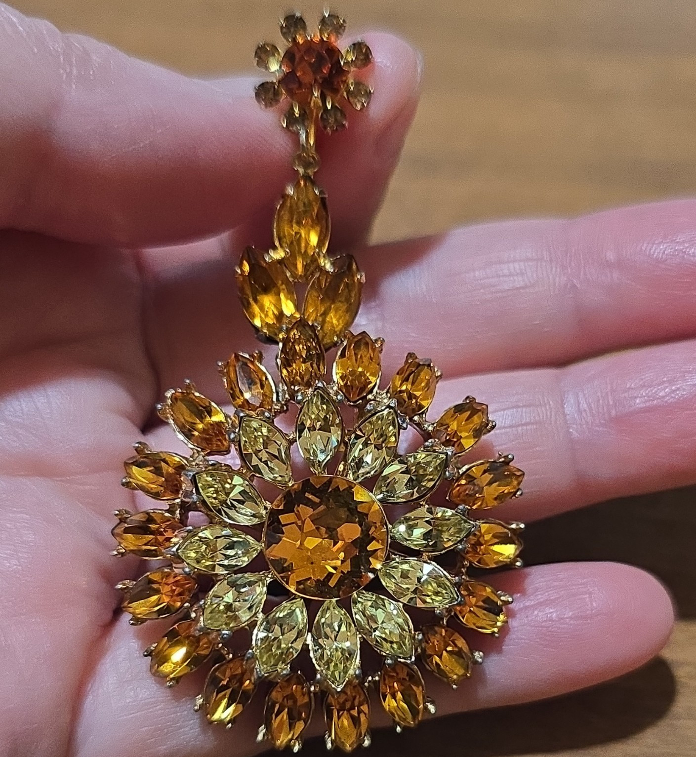 Gorgeous Midcentury Gold Tone Faux citrine Rhinestone Chandelier Pendant.