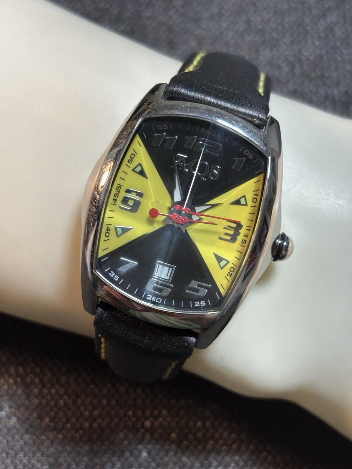 AQS AquaSwiss Men Watch Faceted Crystal,Date,L-9500L,Leather Band,New Bat