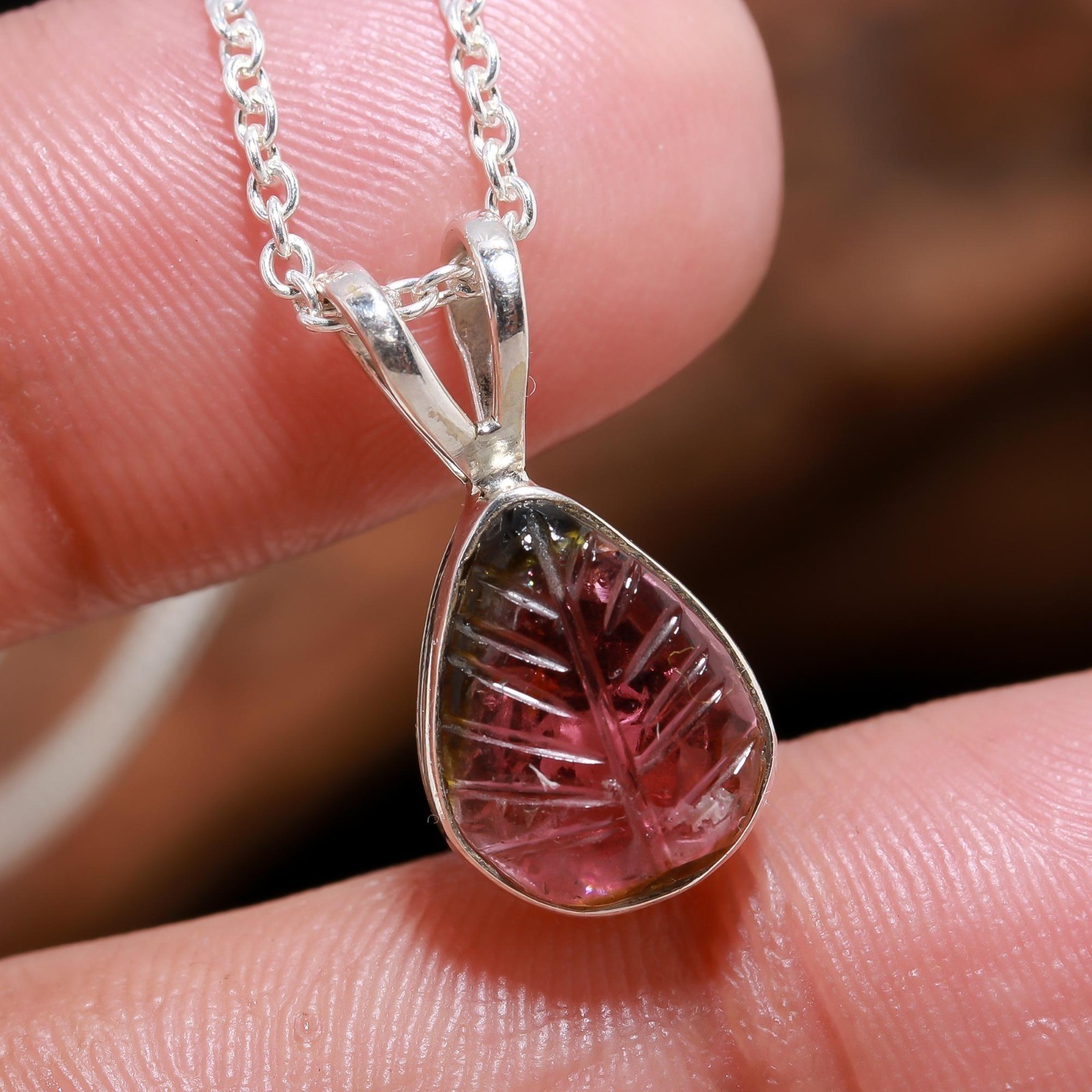 Natural Tourmaline Leaf Chain Necklace 925 Sterling Silver Jewelry Gift For Her