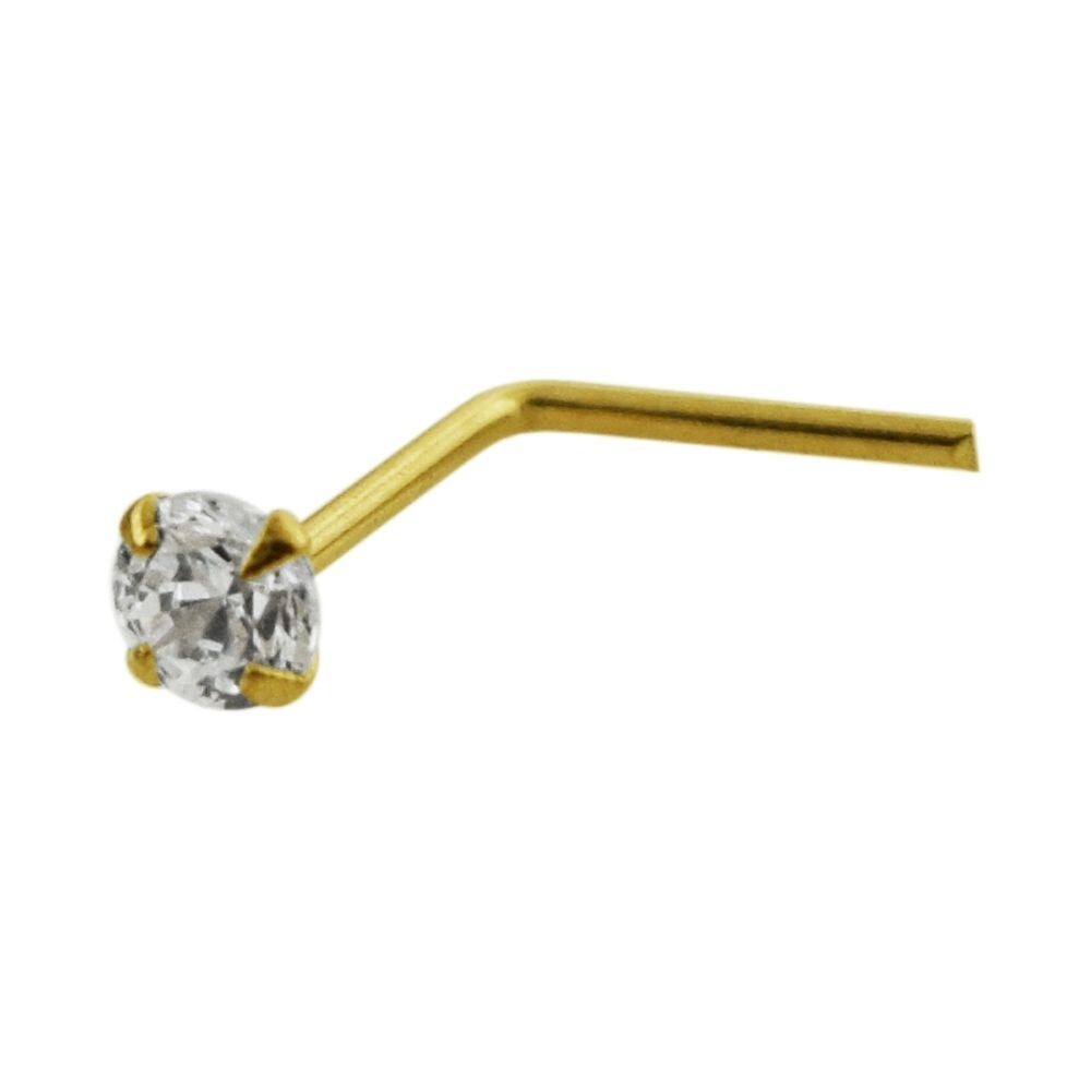 1x 22g 9K Solid Yellow Gold 2mm CZ Gem L-Shaped Nose Ring Stud Pin Bar 9KNS008