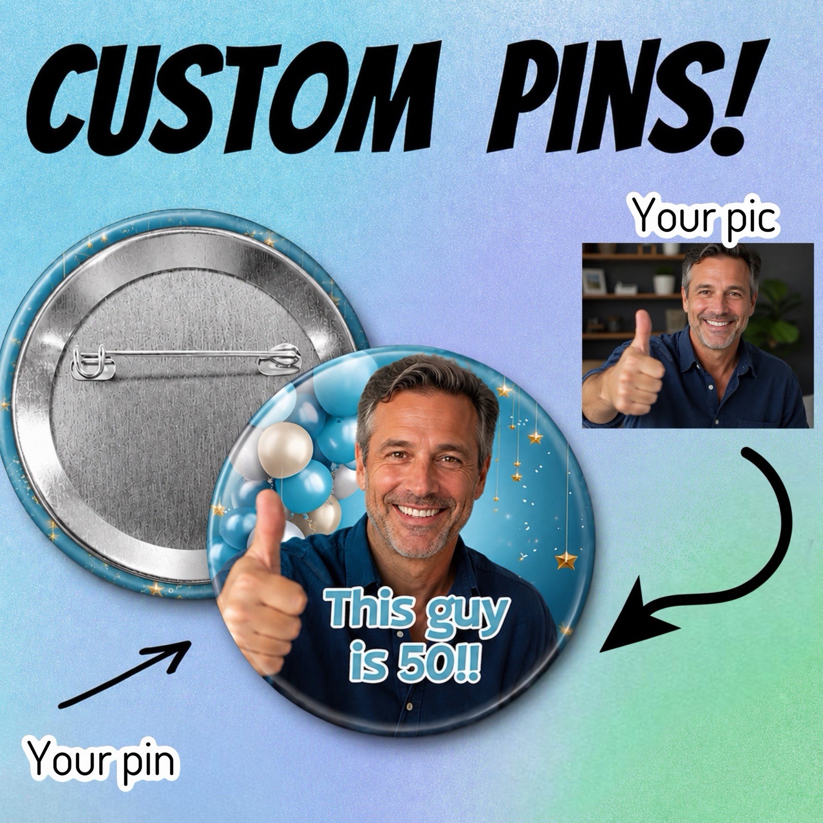 Custom Pin back Birthday/Celebration Buttons 1.25”, 2.25” & 3” Round