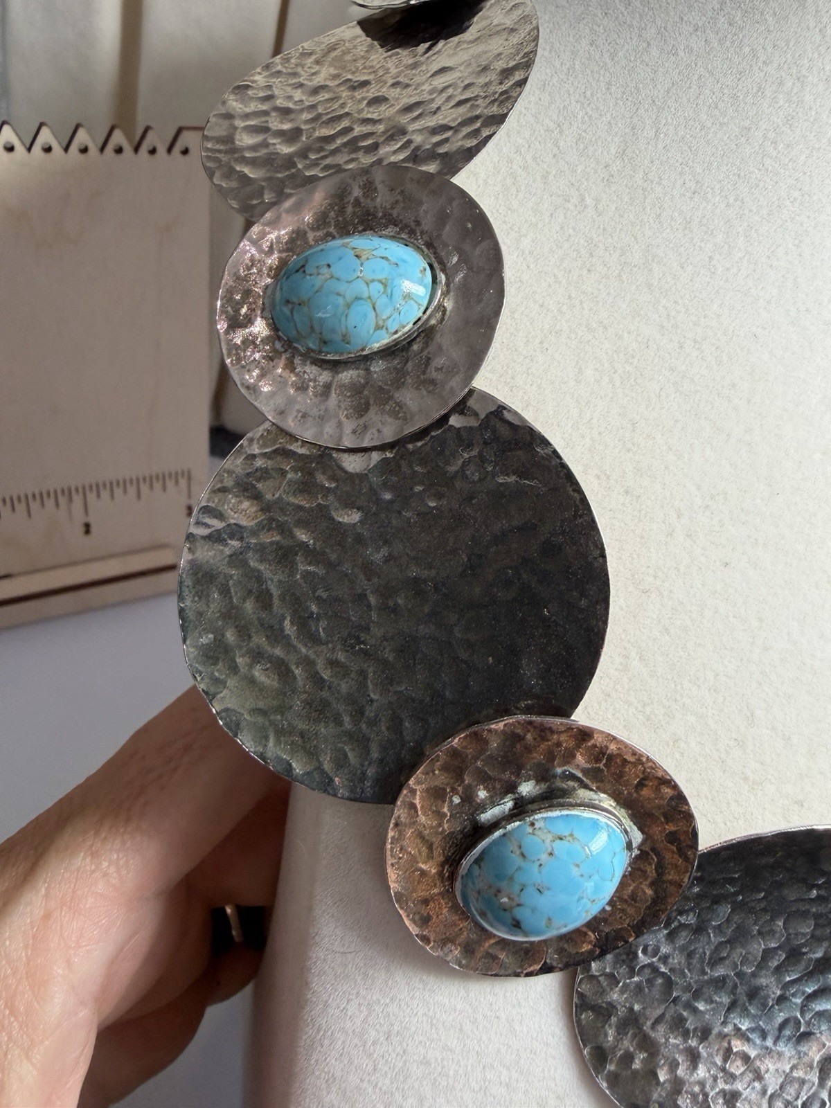 Hammered Brutalist Necklace Silver Tone Disc Statement Modernist Turquoise Glass