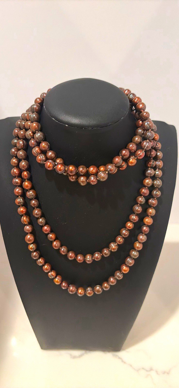 VTG 56” Brown Strand Freshwater Round Pearl Beaded Necklace, Indiv. Knotted