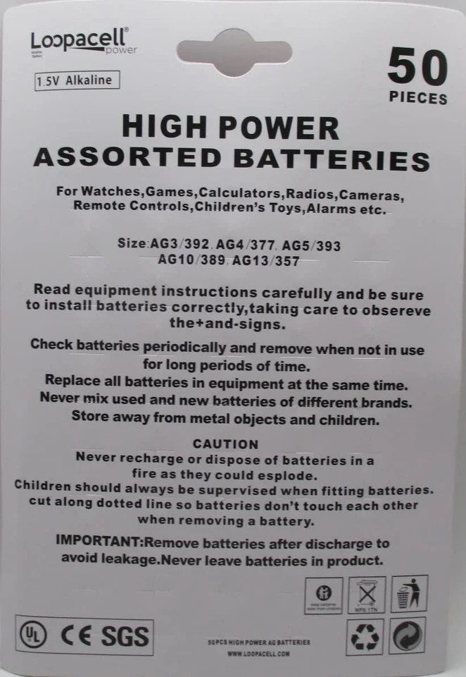 Loopacell High Power Super Alkaline Button Cell Assorted 50 Count (Pack of 1)