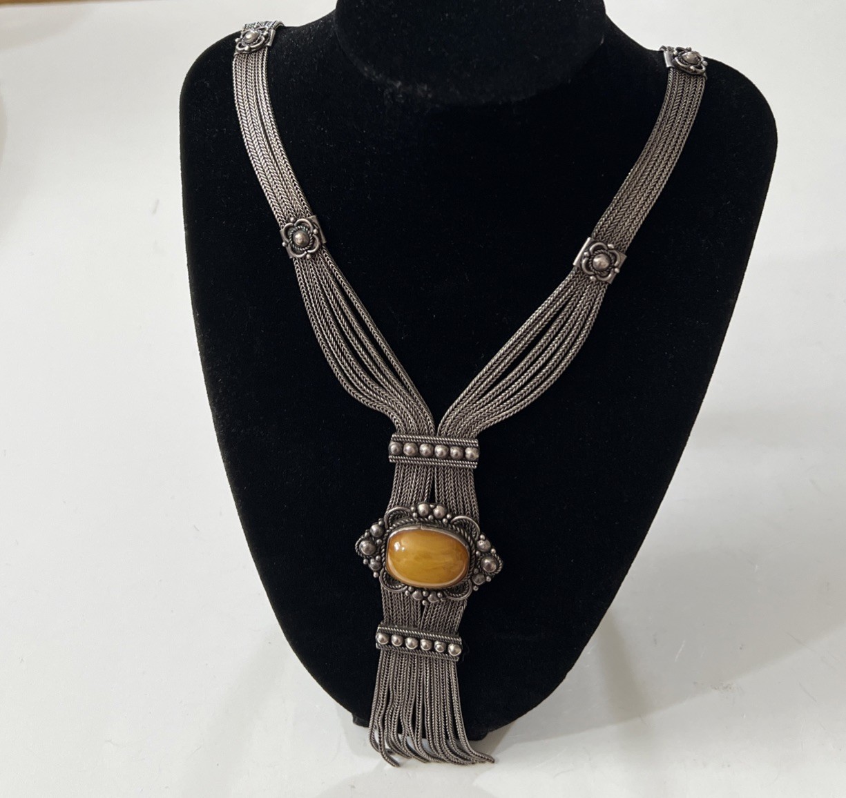 Sterling Silver 925 Honey Amber Multi Strand Foxtail Chain Tassel Necklace
