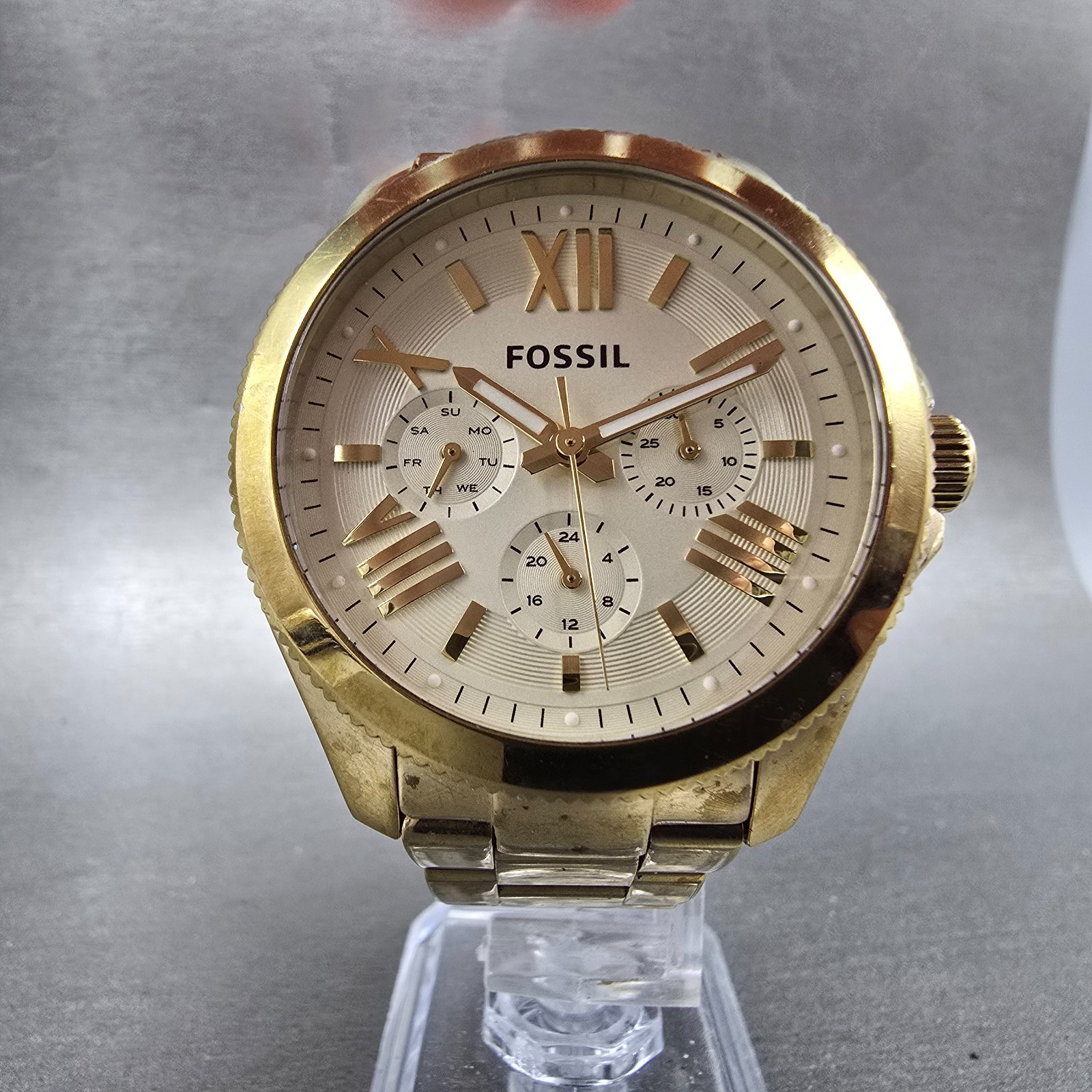Fossil Cecile Watch Women 40mm Cream Dial Gold Tone Daydate AM4510 New Battery S