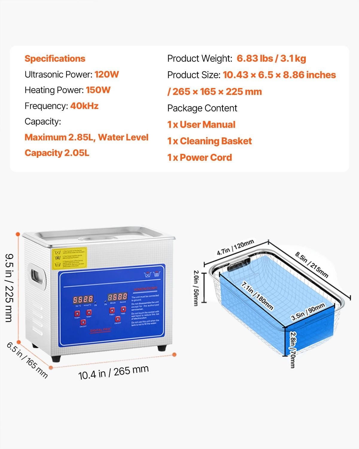 3L Ultrasonic Cleaner with Heating, Digital Timer & Stainless Steel Tank for Jew