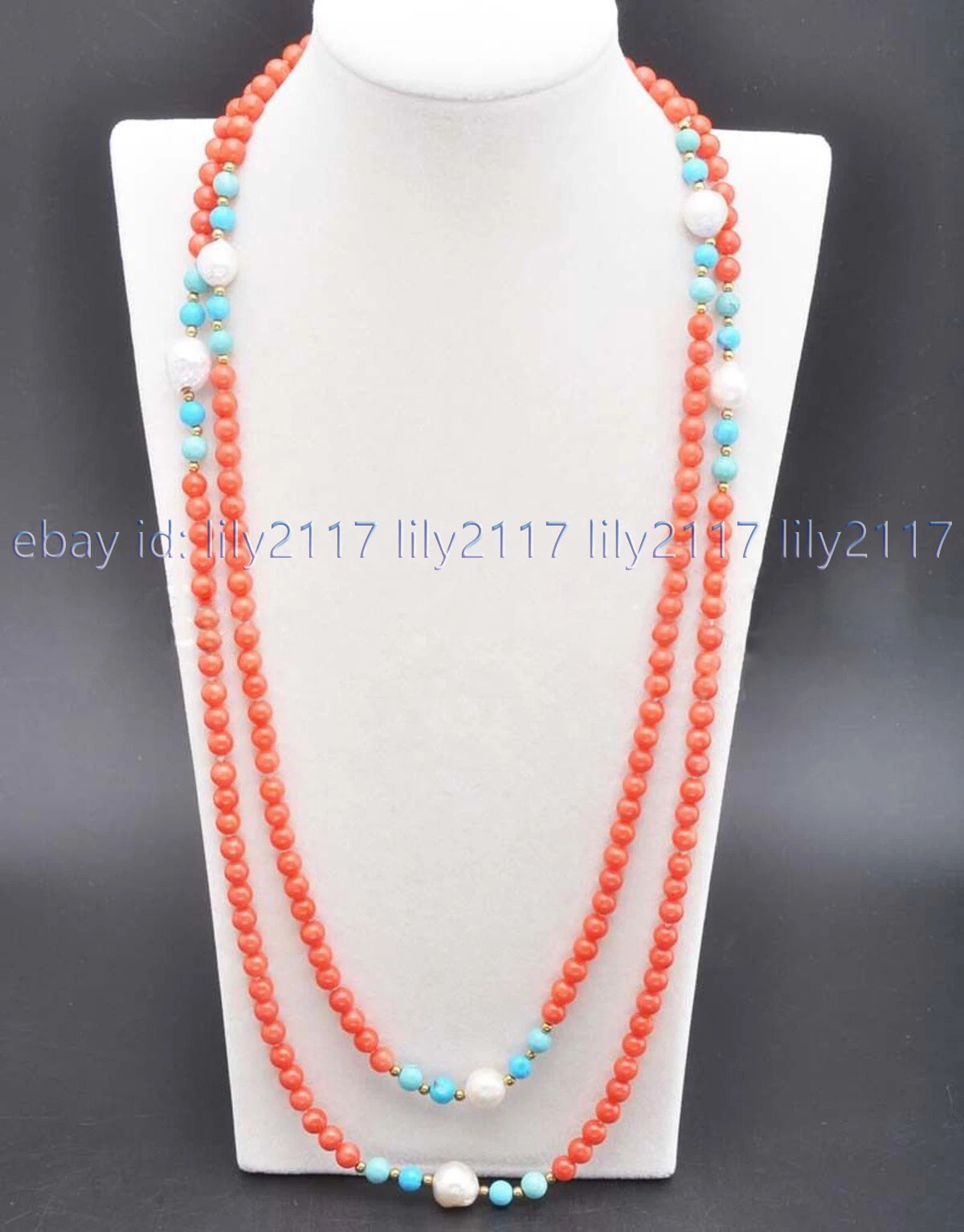 Round 6mm Pink Coral Blue Turquoise Gems &White Keshi Pearl Necklace 36-72 Inch