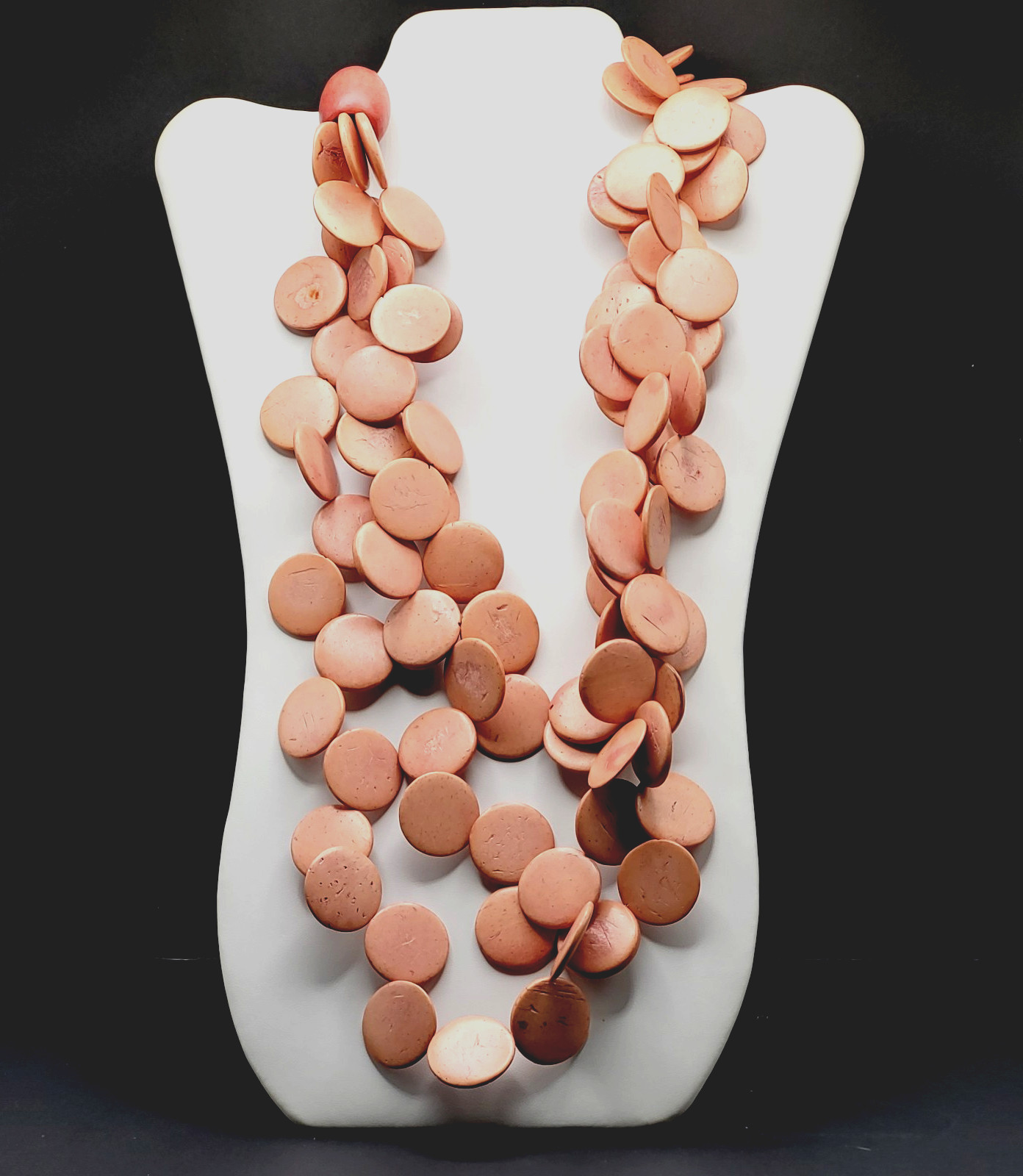 Exotic Wood Disc Light Neutral Color Three Strand Button Loop Close Necklace