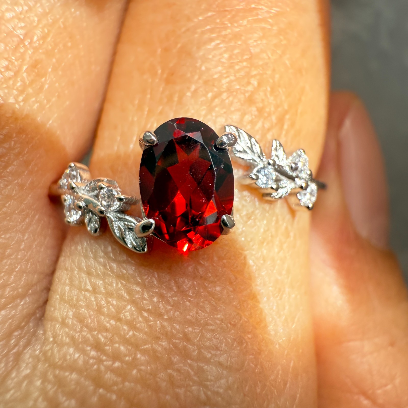 925 Sterling Silver Ring 7x5mm Natural Rhodolite Garnet Gemstone Zircon Flower
