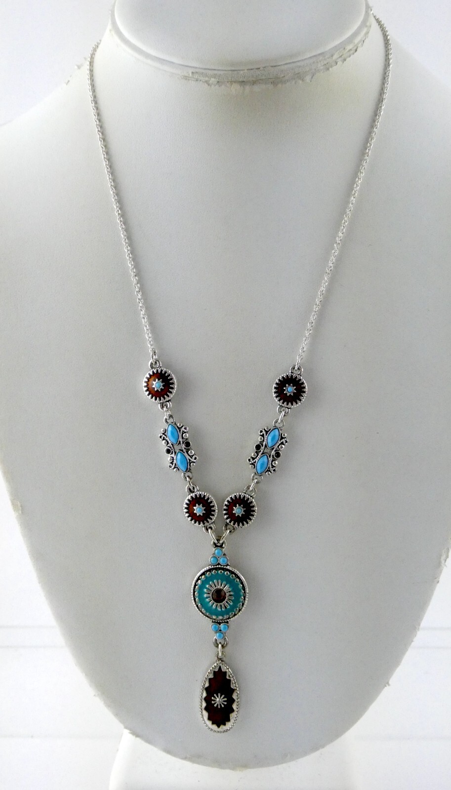 NAT Designer Southwestern Silvertone Metal and Enamel Blue and Brown Necklace