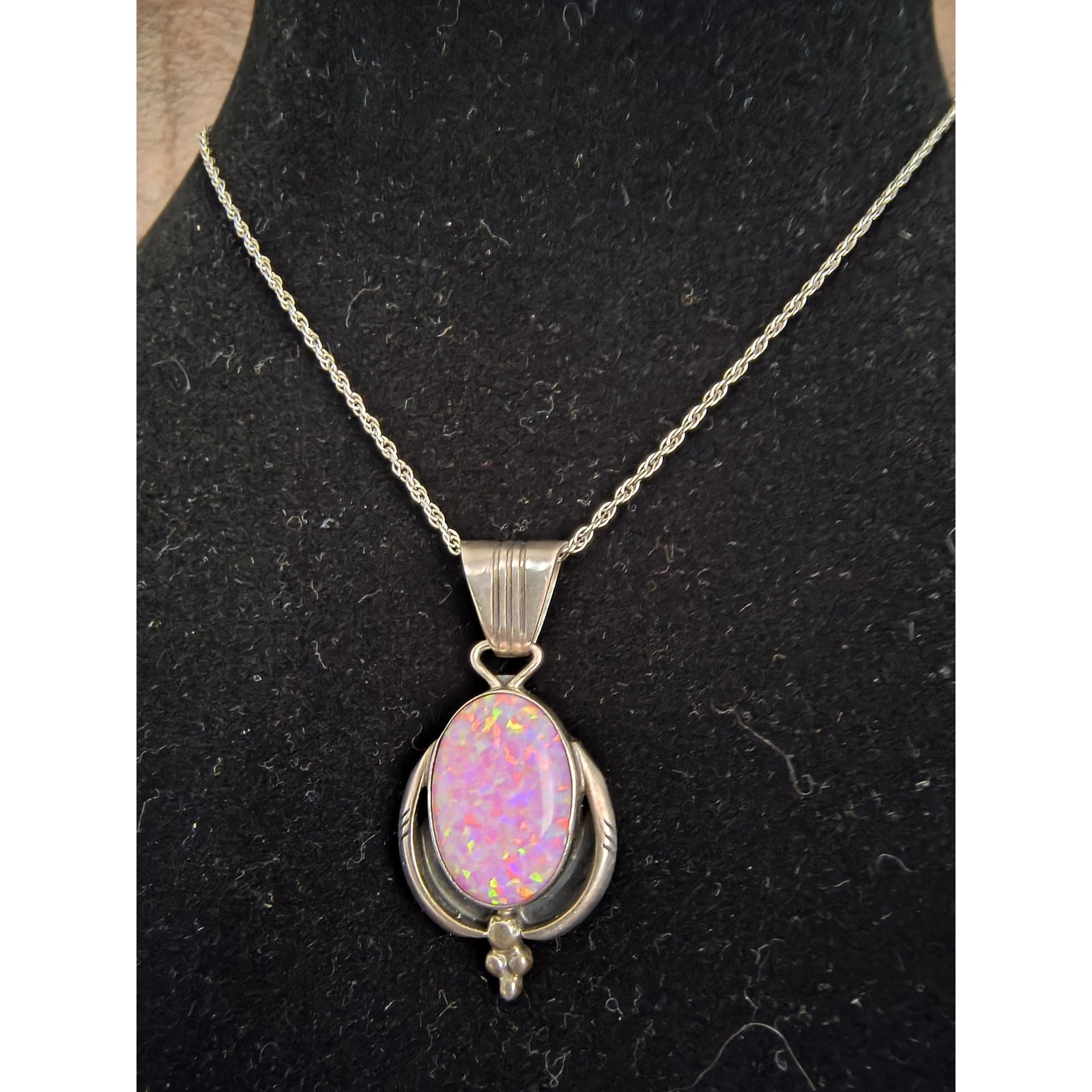 Running Bear Sterling Silver Pink Lab Opal Southwest Old Pendant Necklace 15″