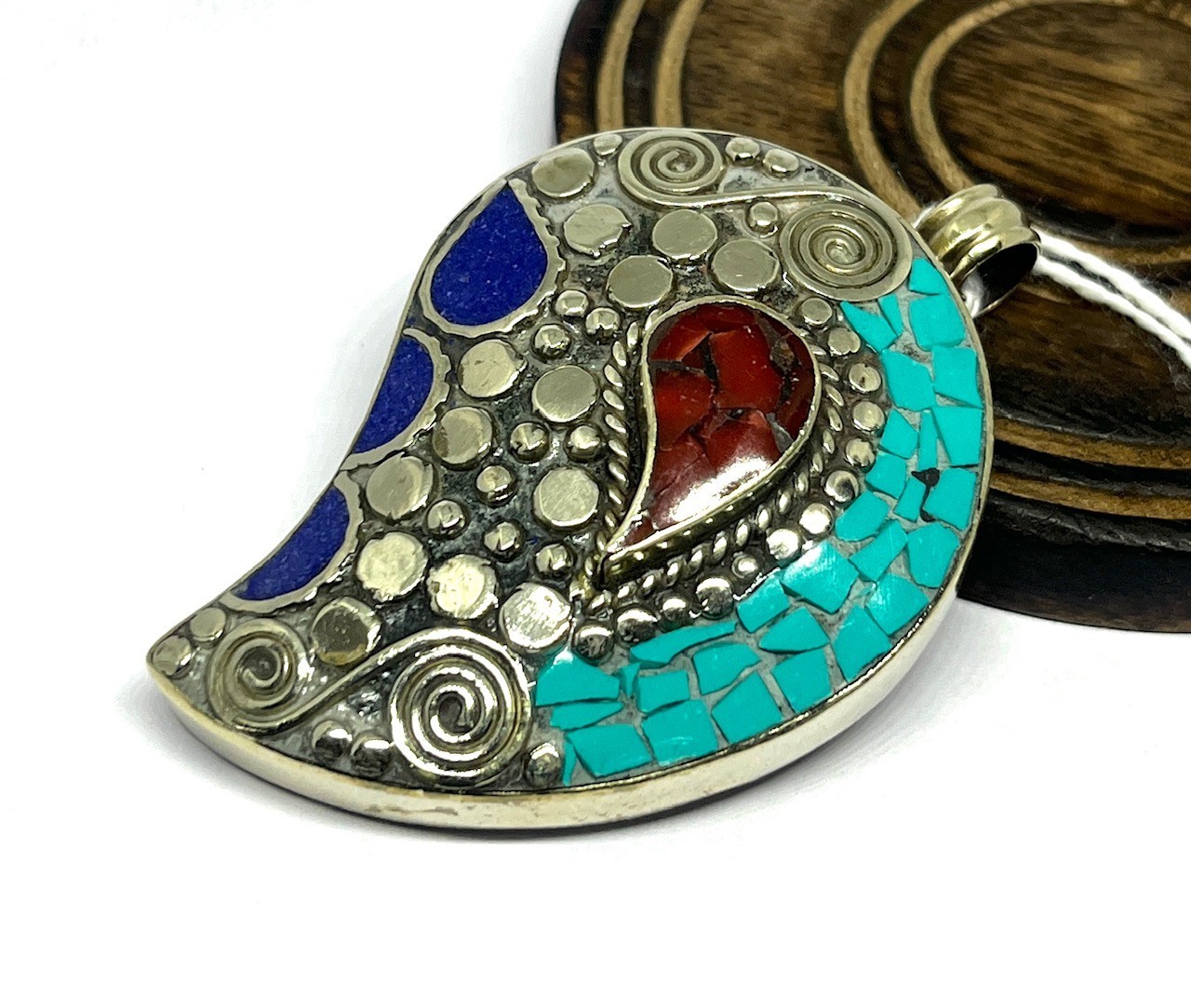 Handmade Turquoise Lapis Gemstone Tibetan Style Boho Pendant Jewelry, 2.2 inc