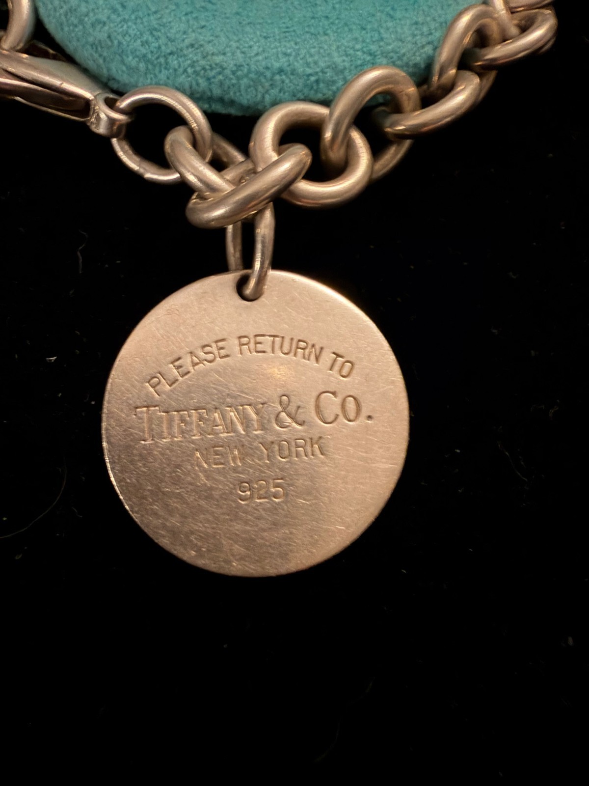 Tiffany & Co. Sterling Silver Round Link Charm Bracelet with “Please Return To”