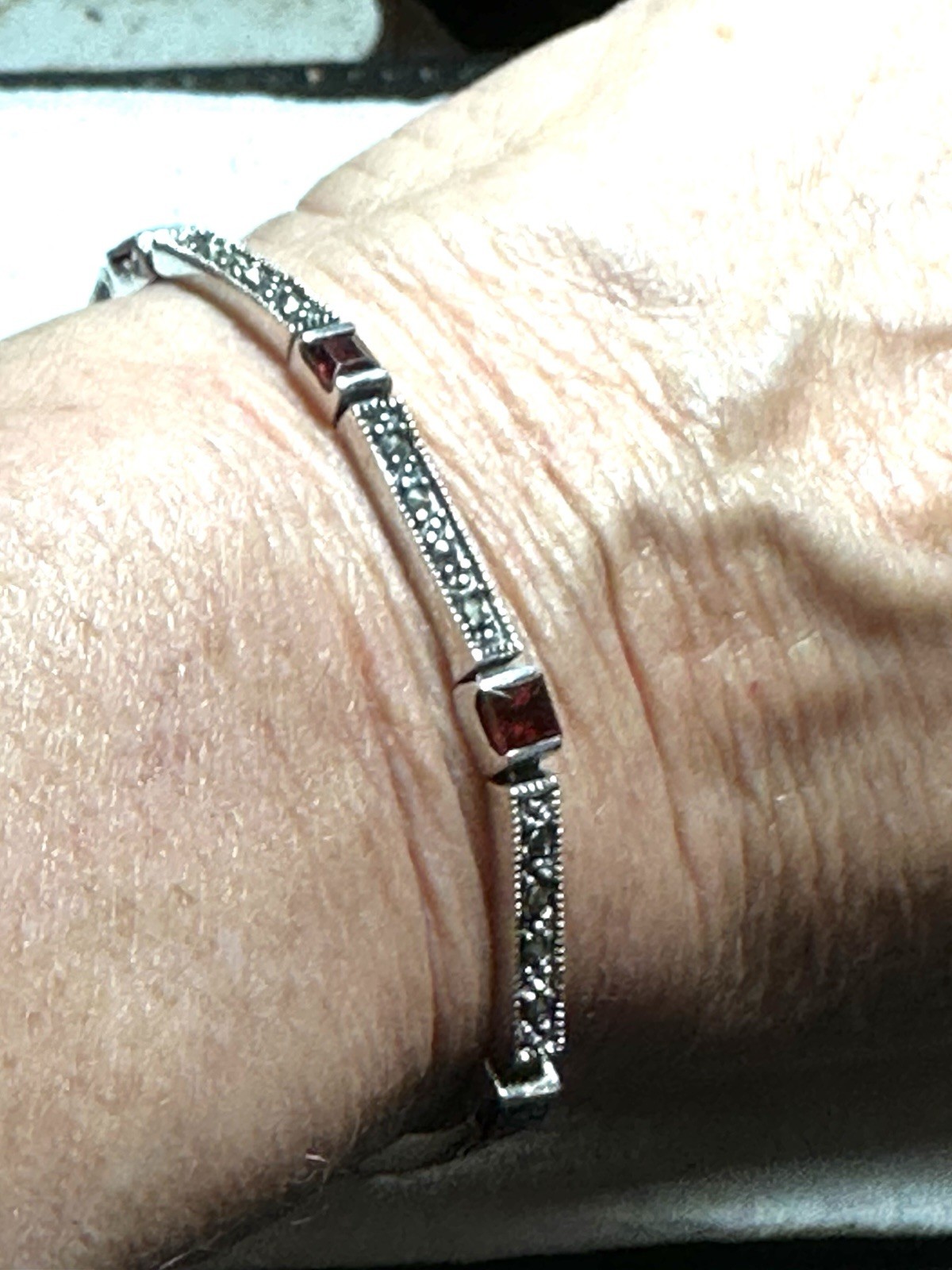 Vintage Sterling Silver Marcasite & Garnet/Ruby Bracelet 7″