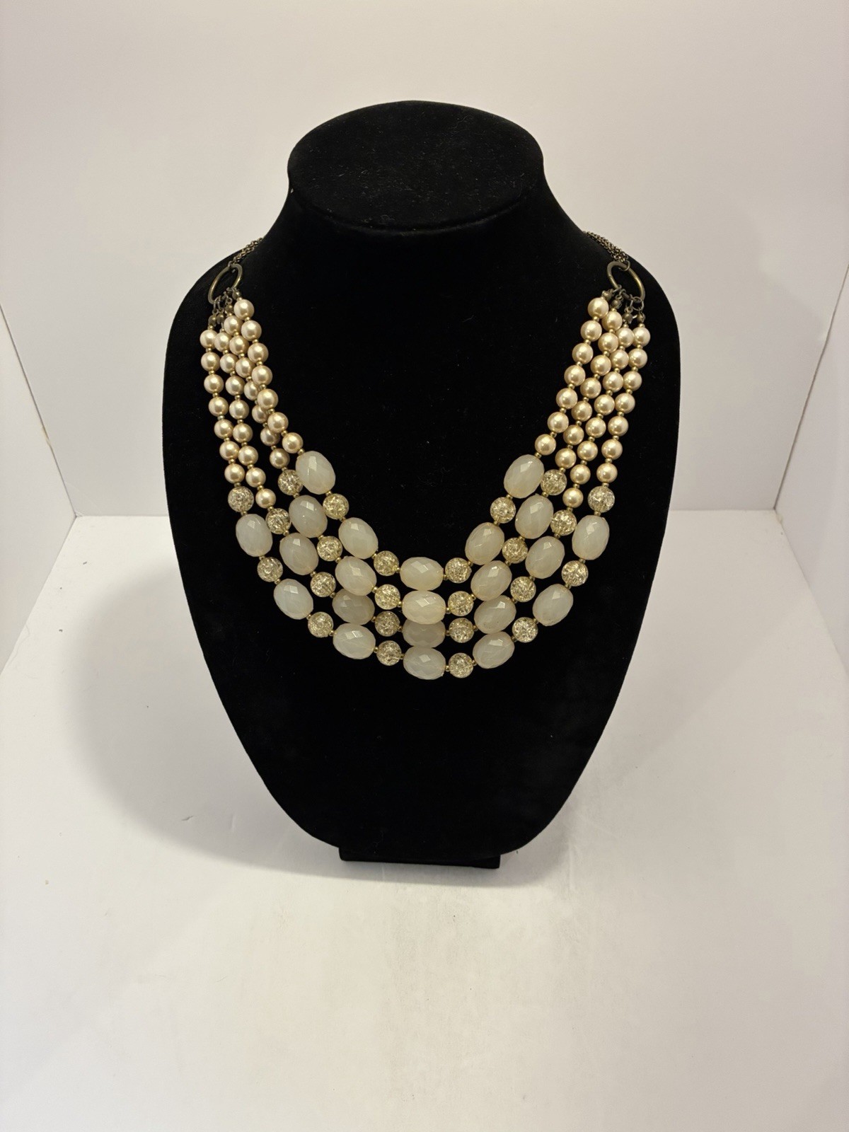 Chunky Multi Strand Statement Necklace Pink Faux Pearl Acrylic Bead Bib Bronze
