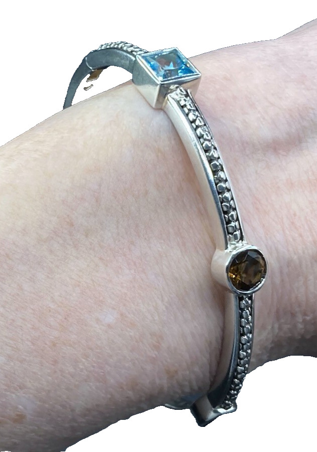 Michael Dawkins Pebbled Sterling Smoky & Blue Topaz MOP Hinged Bangle 22.4g