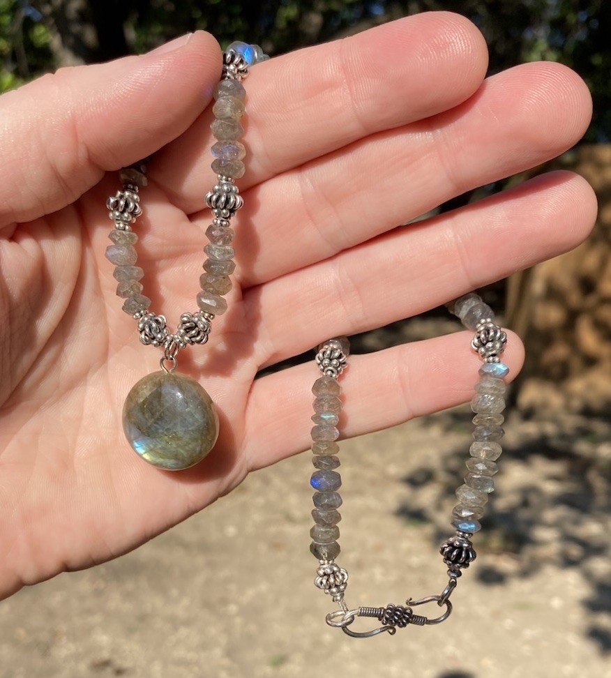 Handmade Labradorite Gemstone Necklace w/ 925 Silver Spacers & Hook Clasp 18”