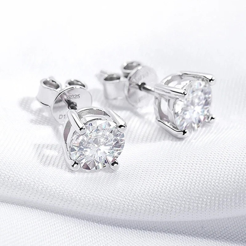 0.1-3ct Round Moissanite Stud Earrings Men Women Hip Hop 18K White Gold Plated