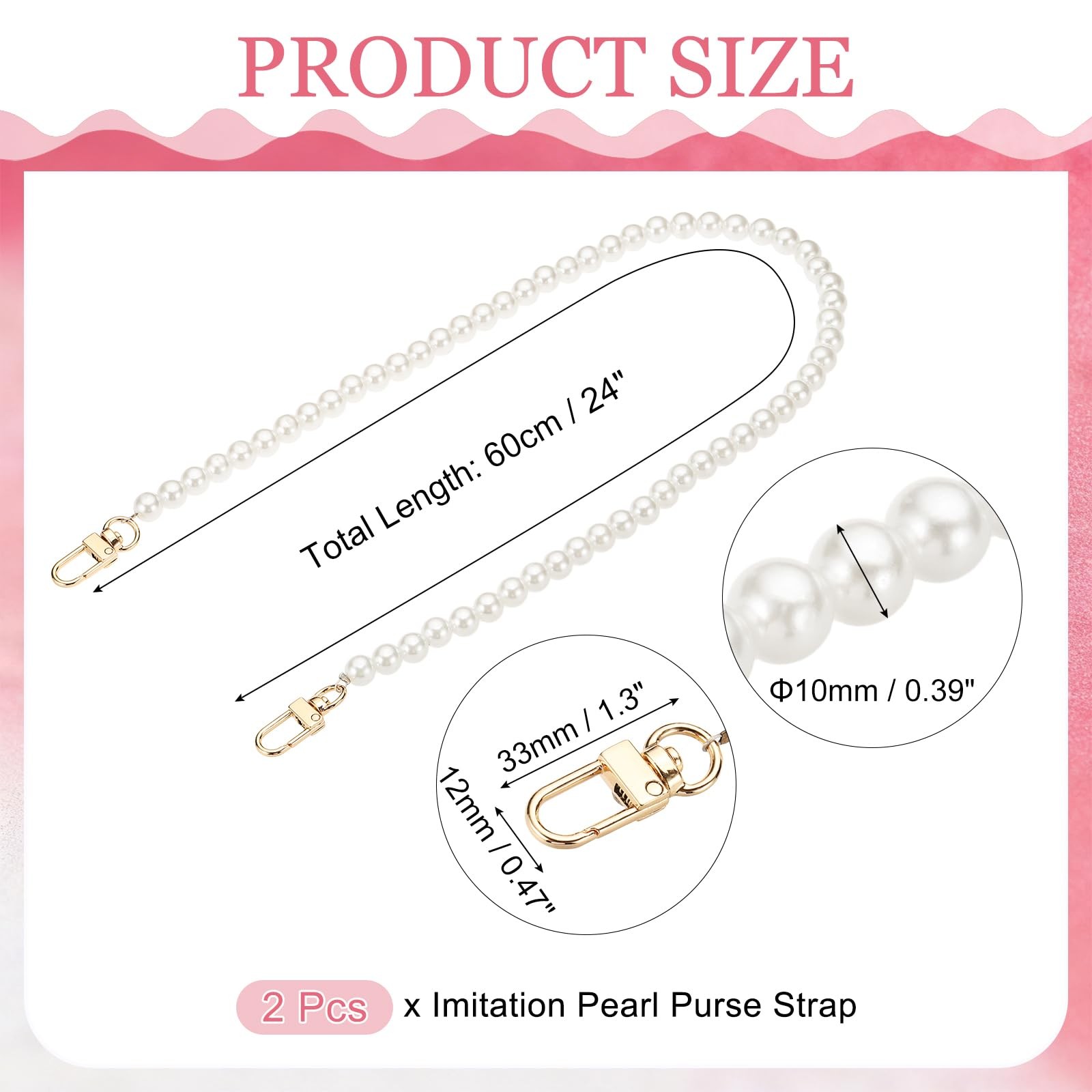 M METERXITY 2Pack Imitation Pearl Purse Strap, 24 Inch 24 Inch, Golden