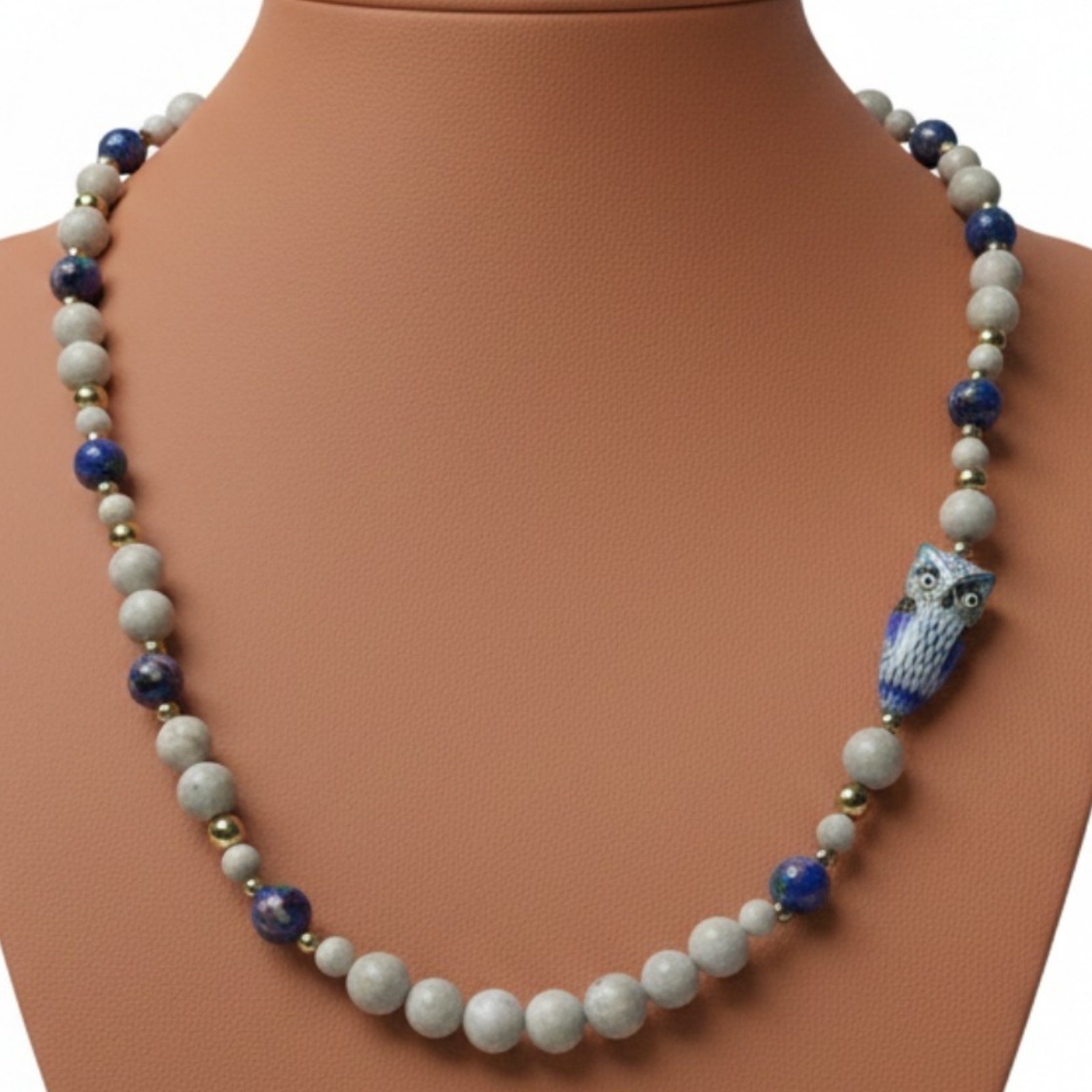 Vintage Cloisonné Owl Necklace Natural Matte Stone Enamel Floral Beads 27″