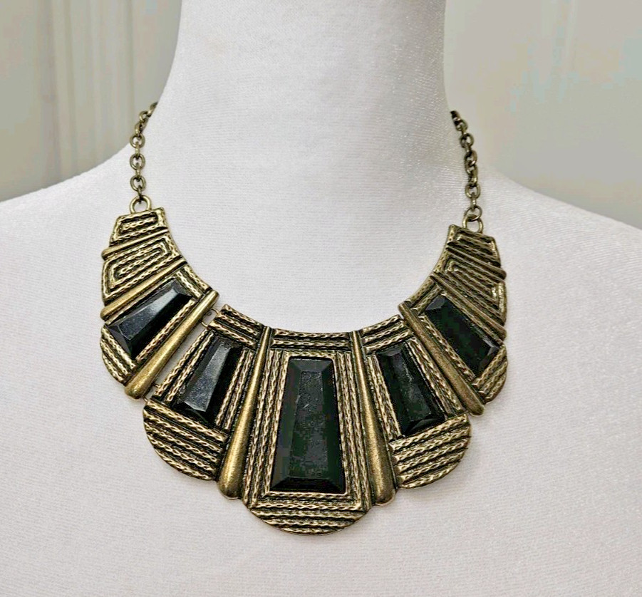 Vintage Geometric Statement Bib Necklace Black & Gold Tone Art Deco Egyptian Rev