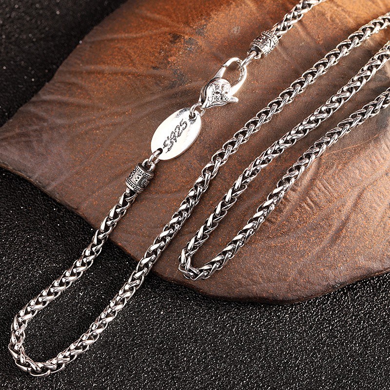 Men’s Thai Sterling Silver Spiga/Wheat Chain, 925, Reversible Lotus Tag Necklace