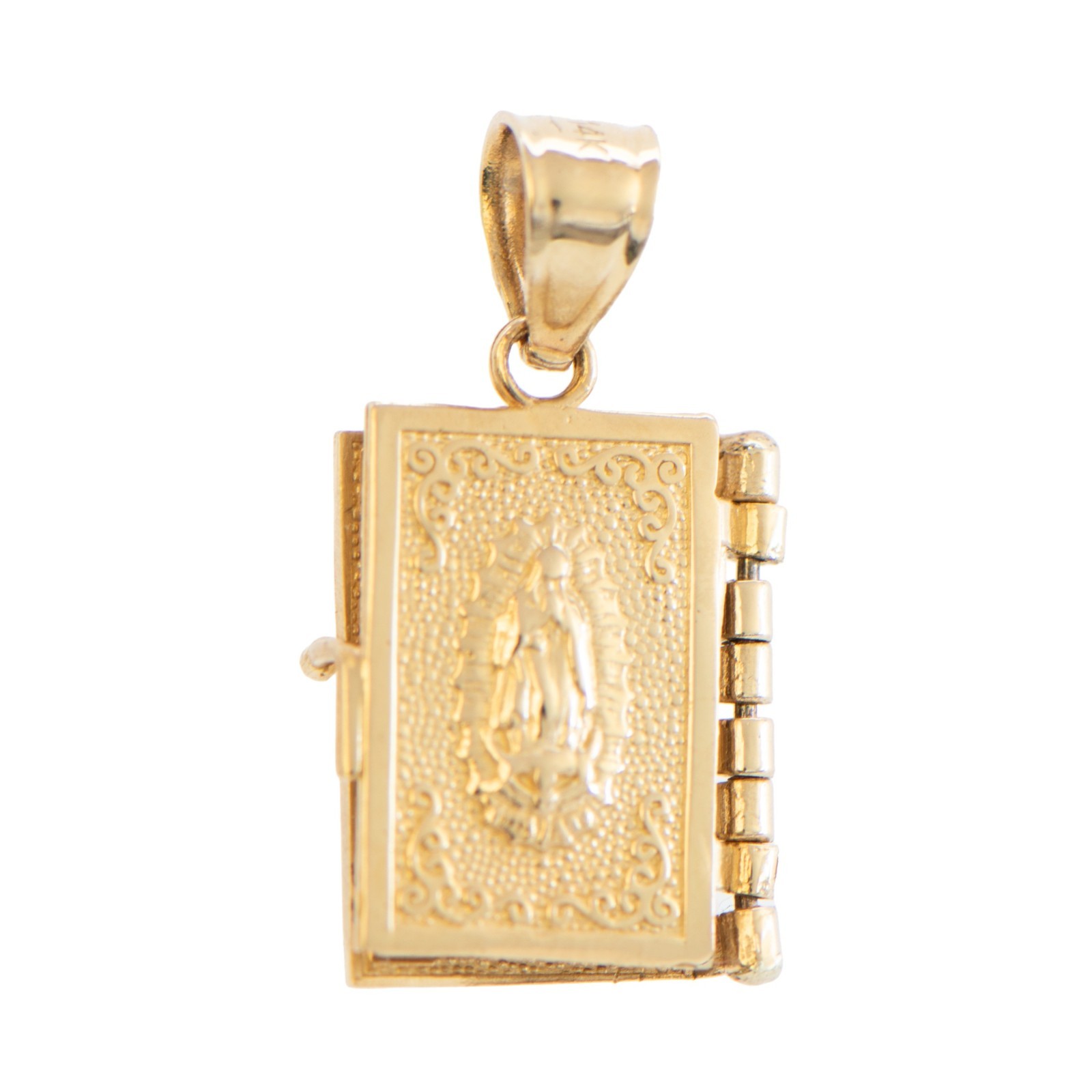 14K Solid Gold Bible Locket Pendant Open Book Charm Padre Nuestro Spanish Prayer