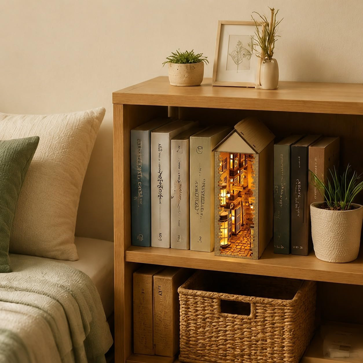 Wizard-Themed Book Nook Kit, Enchanted Street Wooden Bookshelf Insert, DIY Hand-