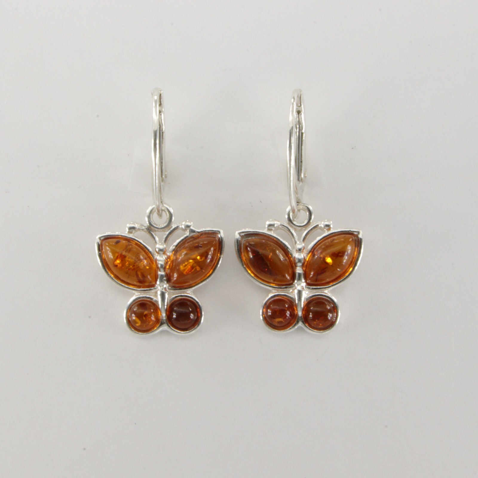 Cognac Brown BALTIC AMBER Butterfly Leveback Earrings 925 STERLING SILVER #5528e