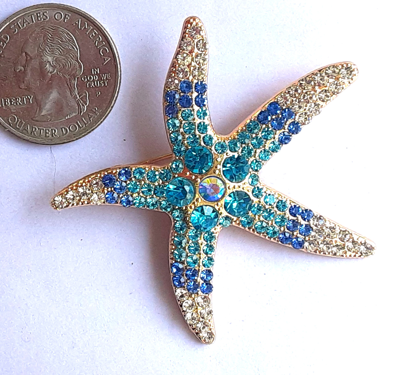 AQUA BLUE STARFISH BROOCH with AB crystals in GIFT BOX Gold color #BRO7