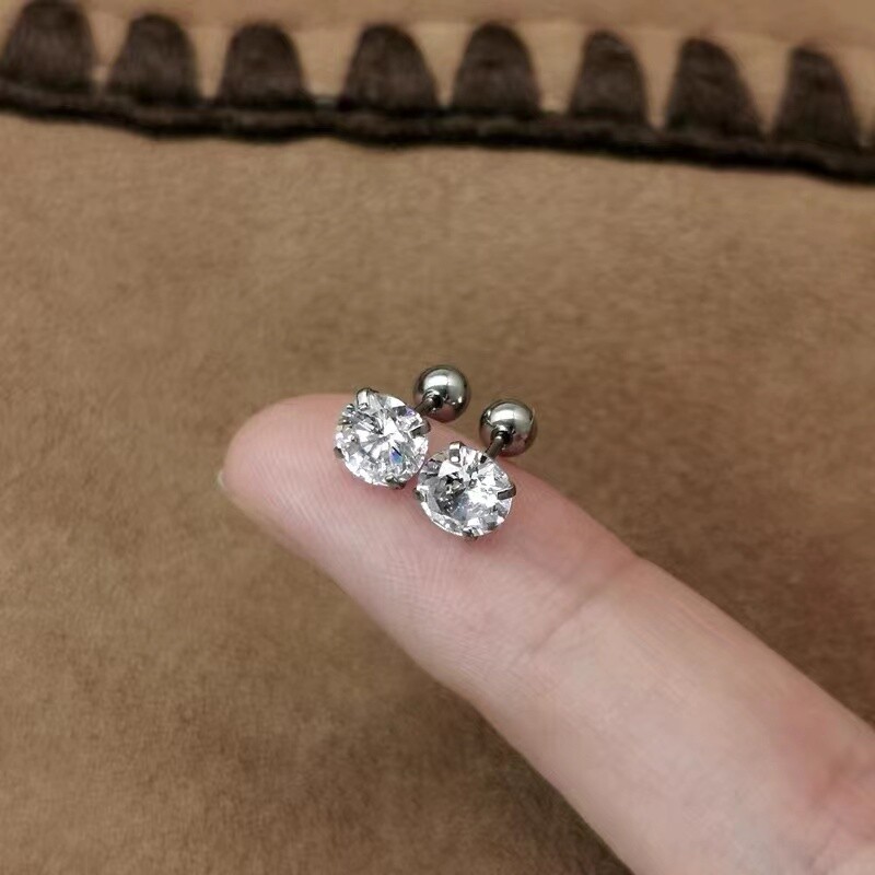 Womens Silver Round CZ Screw Back Ball Stud Earrings 316L Surgical Steel 2-6mm